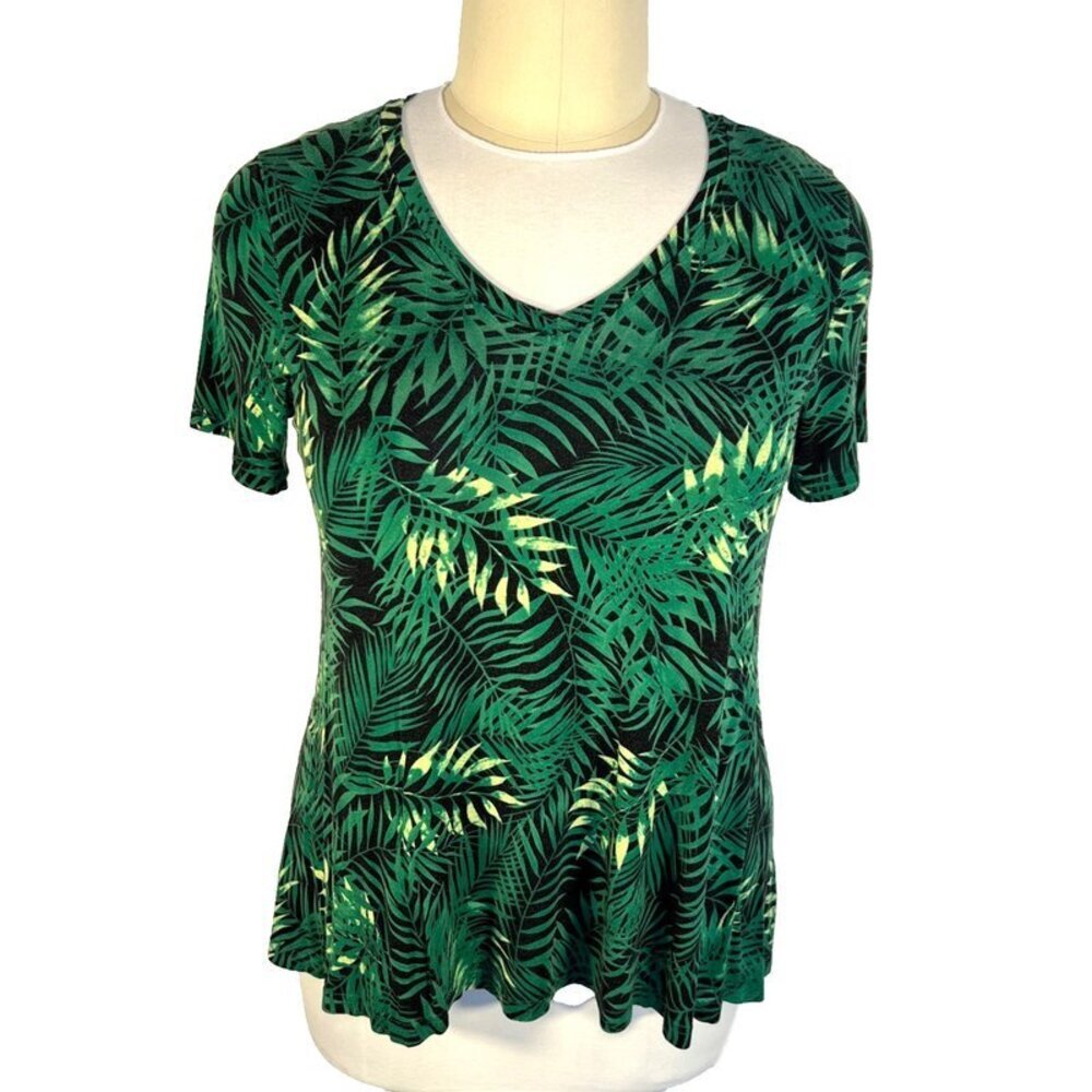 Popyoung - Women's XL Tee Shirt Stretch Green, Black Jungle Tropical Leaf Print